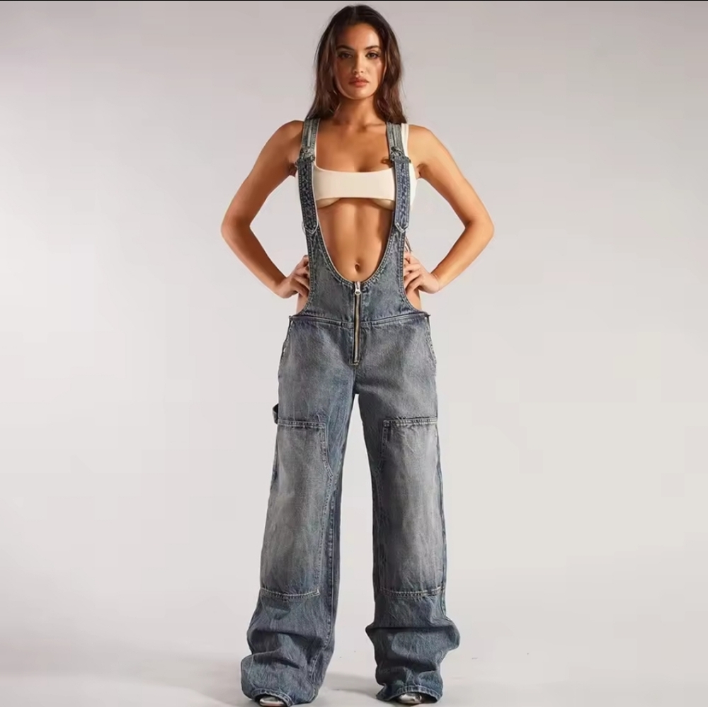 Jumpsuits Women Jeans Overalls Sexy BacklessVintage Full Length Denim Straight - Picture 2 of 8
